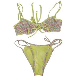 For Love & Lemons Hydrangea Blooms Bikini Swimsuit Top Bottom Floral Gingham XS